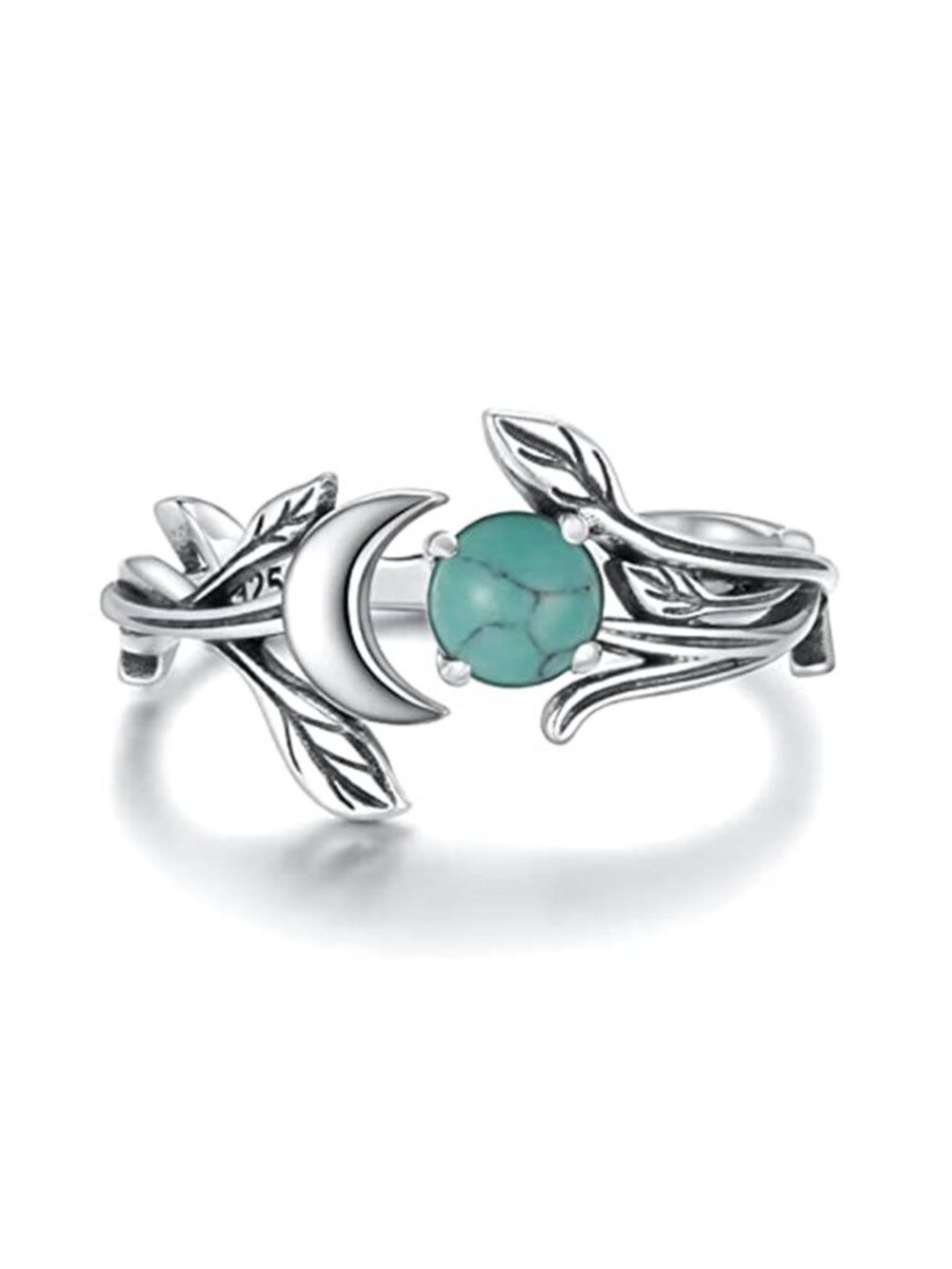 Womens 925 Sterling Silver Turquoise Crescent Moon Ring Adjustable Size 7 8 9